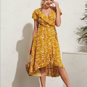 Yellow floral print ruffle trim wrap dress